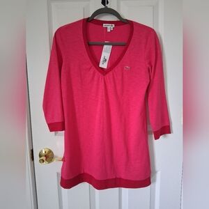 Lacoste Women's Pink 3/4 Sleeve Tunic V-Neck Top
